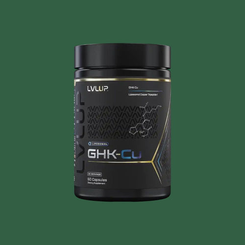 LVLUP Health GHK-Cu oral supplement featuring liposomal GHK-Cu, PEA and hyaluronic acid for collagen and tissue support.