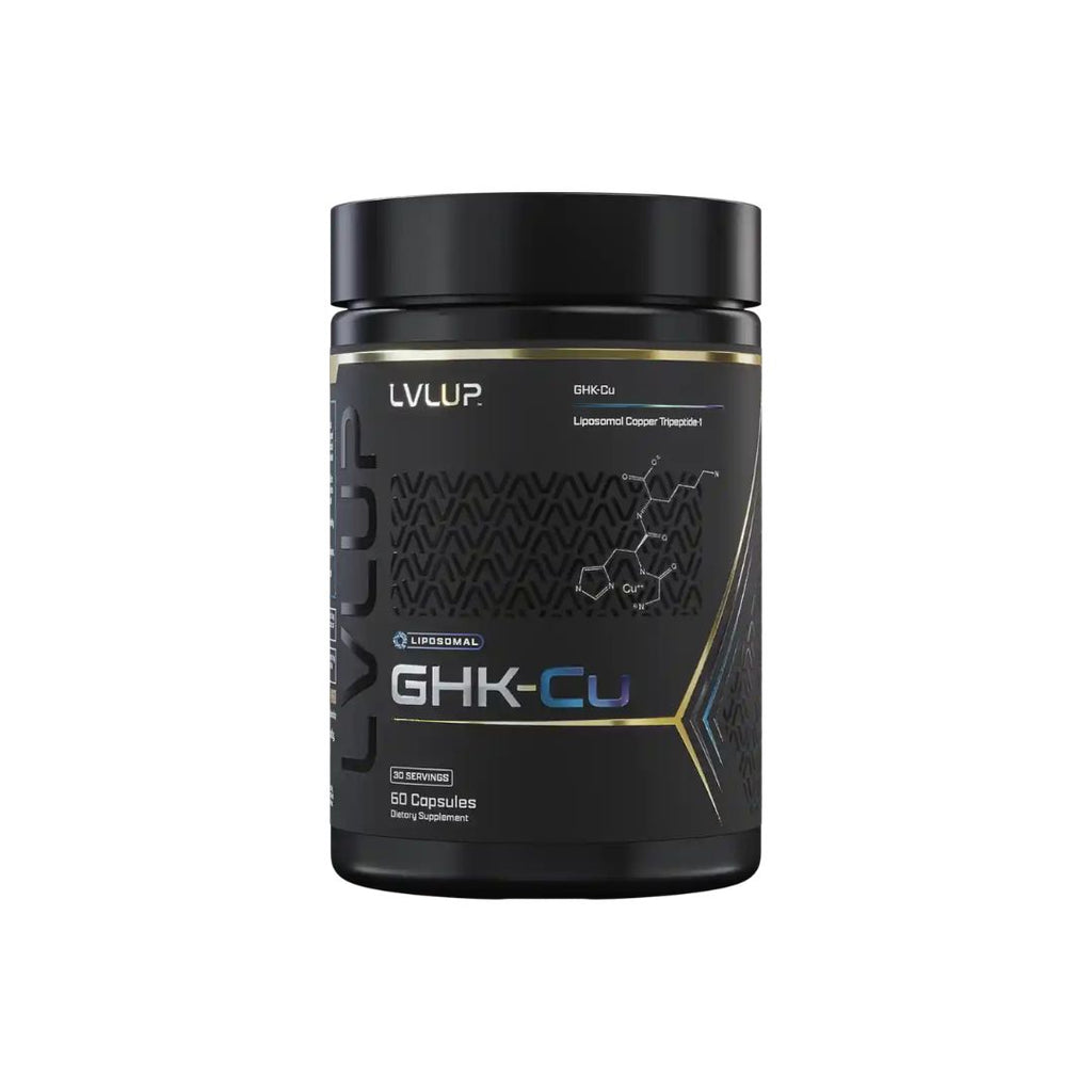 LVLUP Health GHK-Cu oral supplement featuring liposomal GHK-Cu, PEA and hyaluronic acid for collagen and tissue support.
