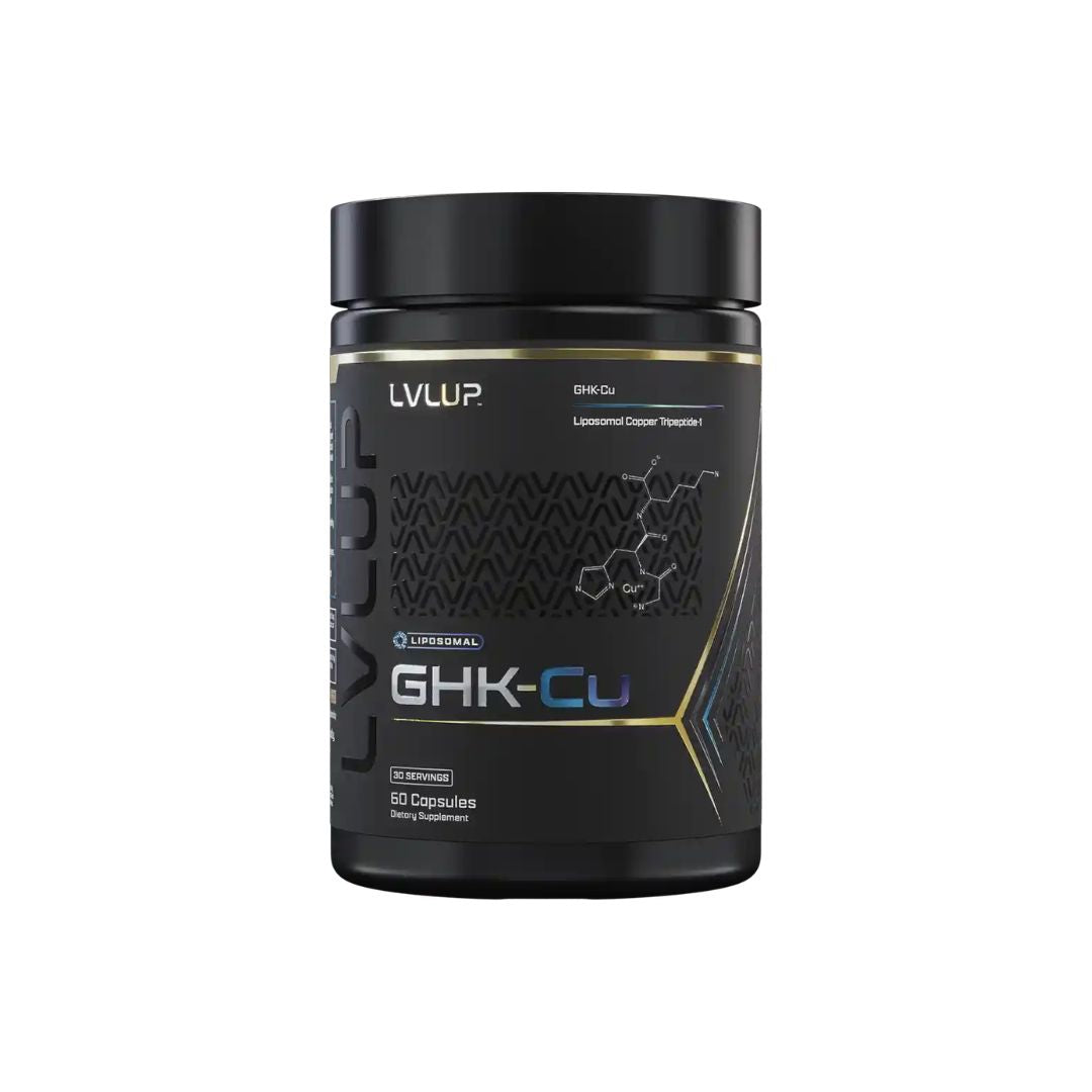 LVLUP Health GHK-Cu oral supplement featuring liposomal GHK-Cu, PEA and hyaluronic acid for collagen and tissue support.