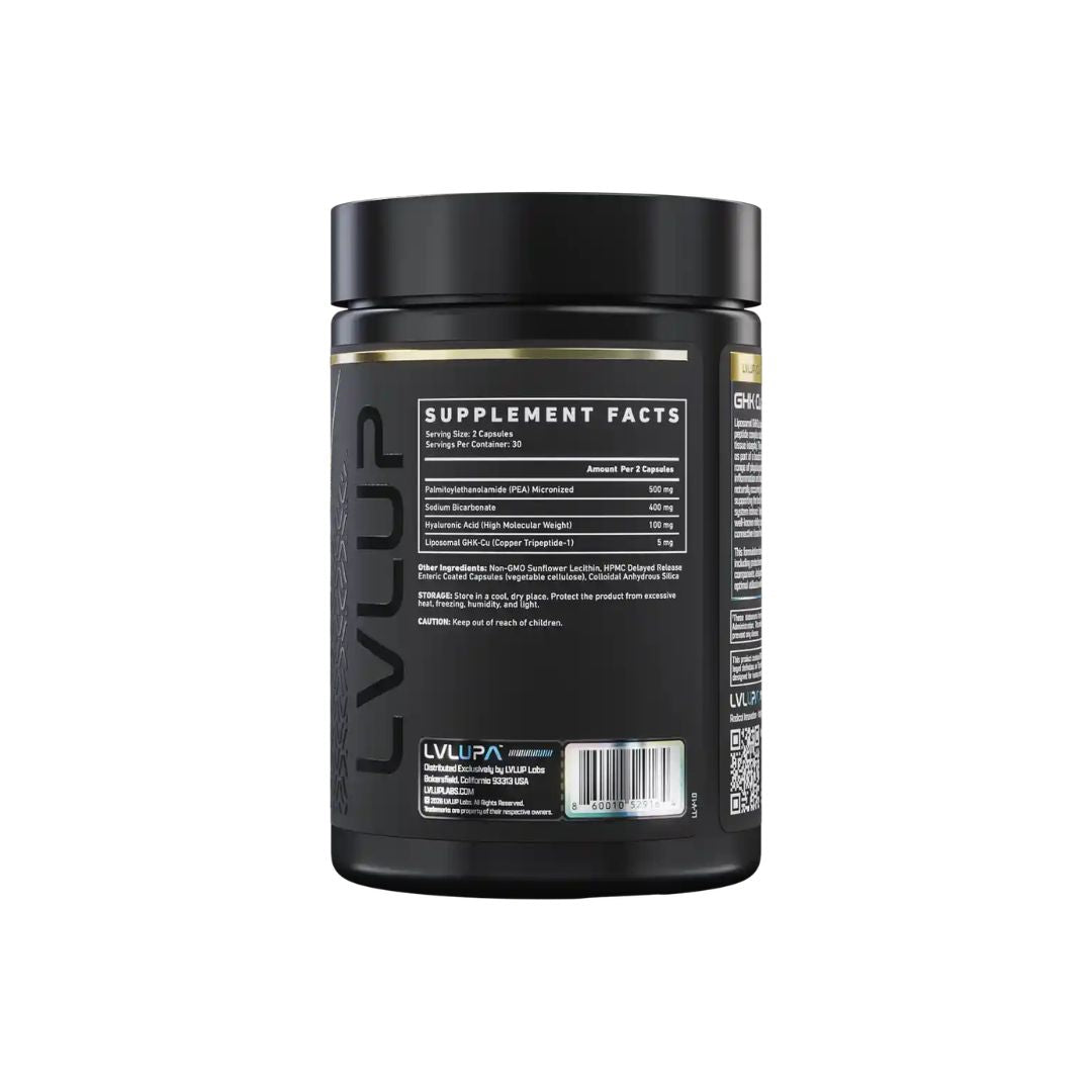 LVLUP Health GHK-Cu oral supplement featuring liposomal GHK-Cu, PEA and hyaluronic acid for collagen and tissue support.