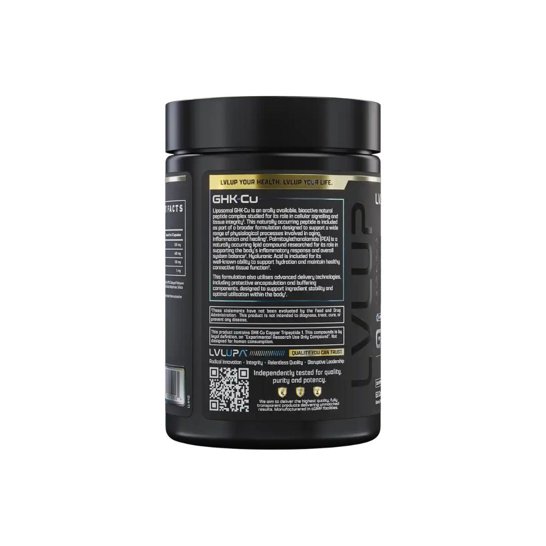 LVLUP Health GHK-Cu oral supplement featuring liposomal GHK-Cu, PEA and hyaluronic acid for collagen and tissue support.