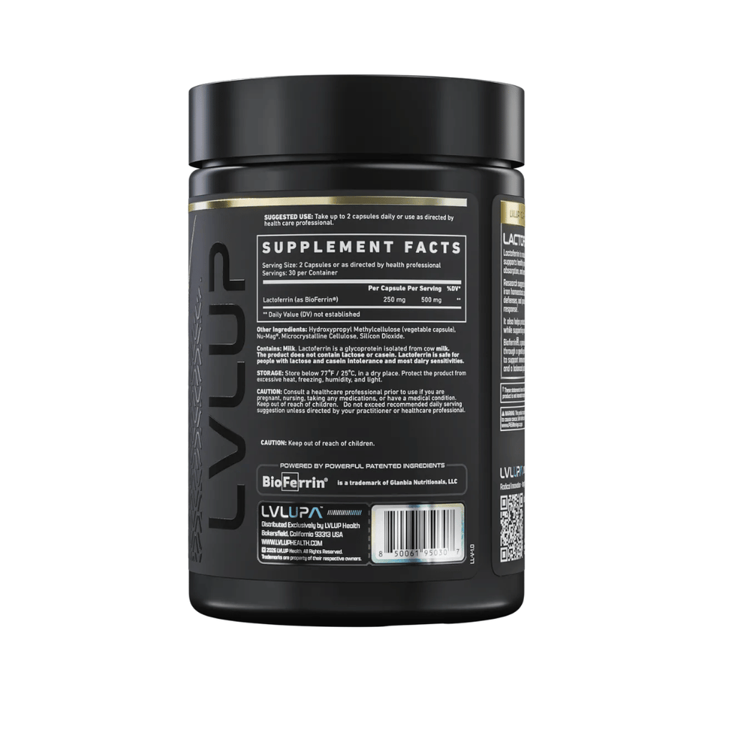 LVL UP Lactoferrin 250mg capsules containing Bioferrin lactoferrin from bovine whey for daily nutritional support of iron metabolism, immune function and gastrointestinal health.