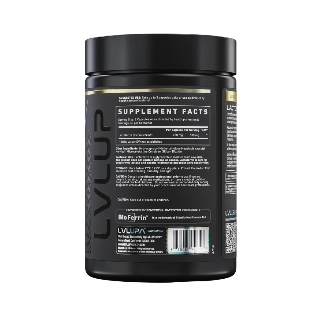 LVL UP Lactoferrin 250mg capsules containing Bioferrin lactoferrin from bovine whey for daily nutritional support of iron metabolism, immune function and gastrointestinal health.