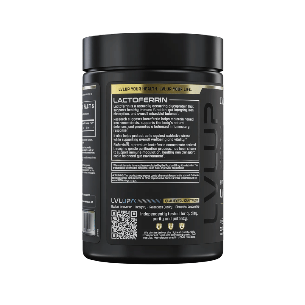 LVL UP Lactoferrin 250mg capsules containing Bioferrin lactoferrin from bovine whey for daily nutritional support of iron metabolism, immune function and gastrointestinal health.