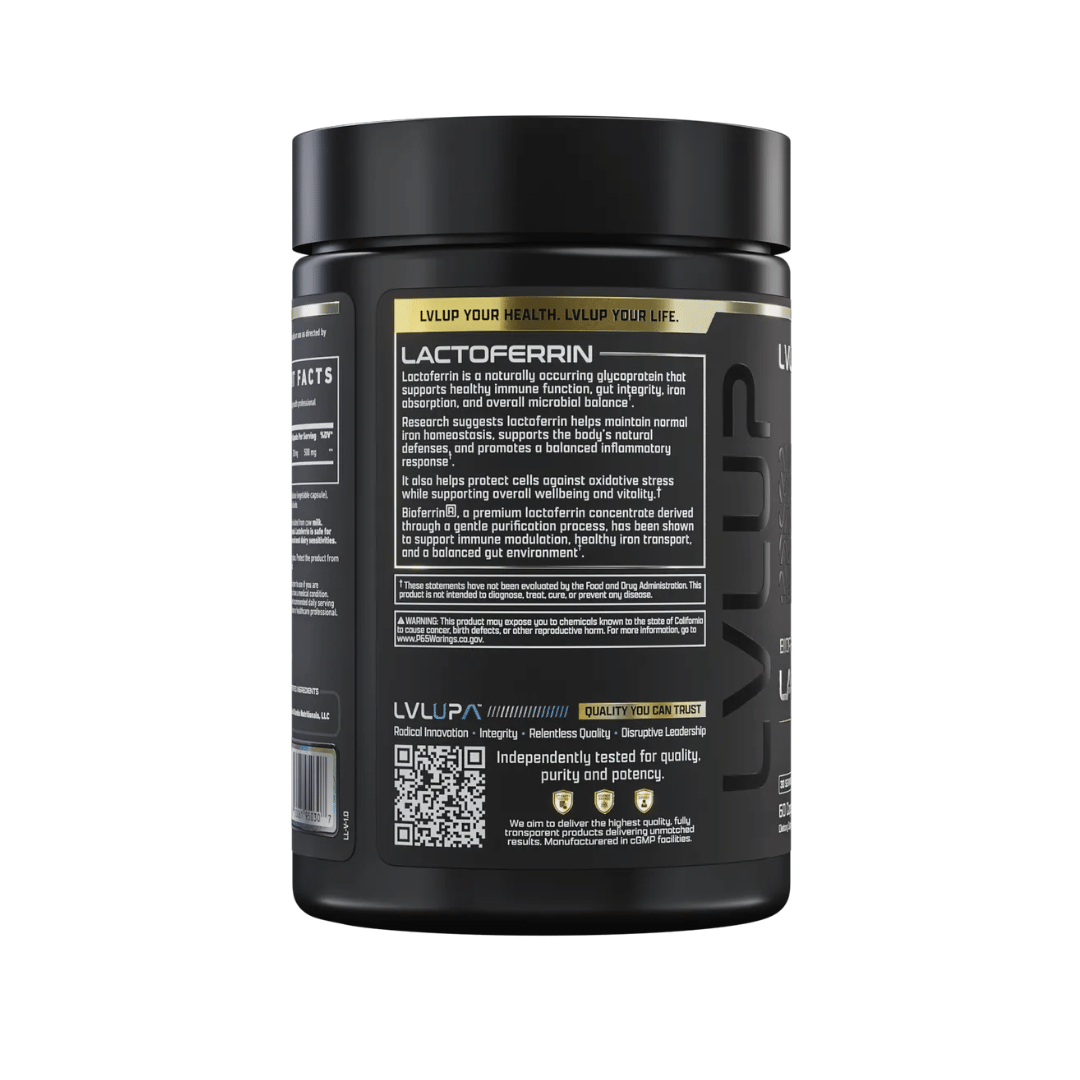 LVL UP Lactoferrin 250mg capsules containing Bioferrin lactoferrin from bovine whey for daily nutritional support of iron metabolism, immune function and gastrointestinal health.