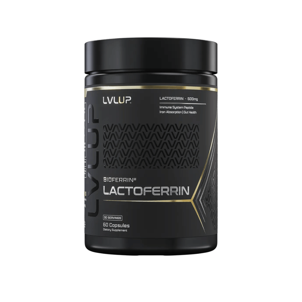 LVL UP Lactoferrin 250mg capsules containing Bioferrin lactoferrin from bovine whey for daily nutritional support of iron metabolism, immune function and gastrointestinal health.