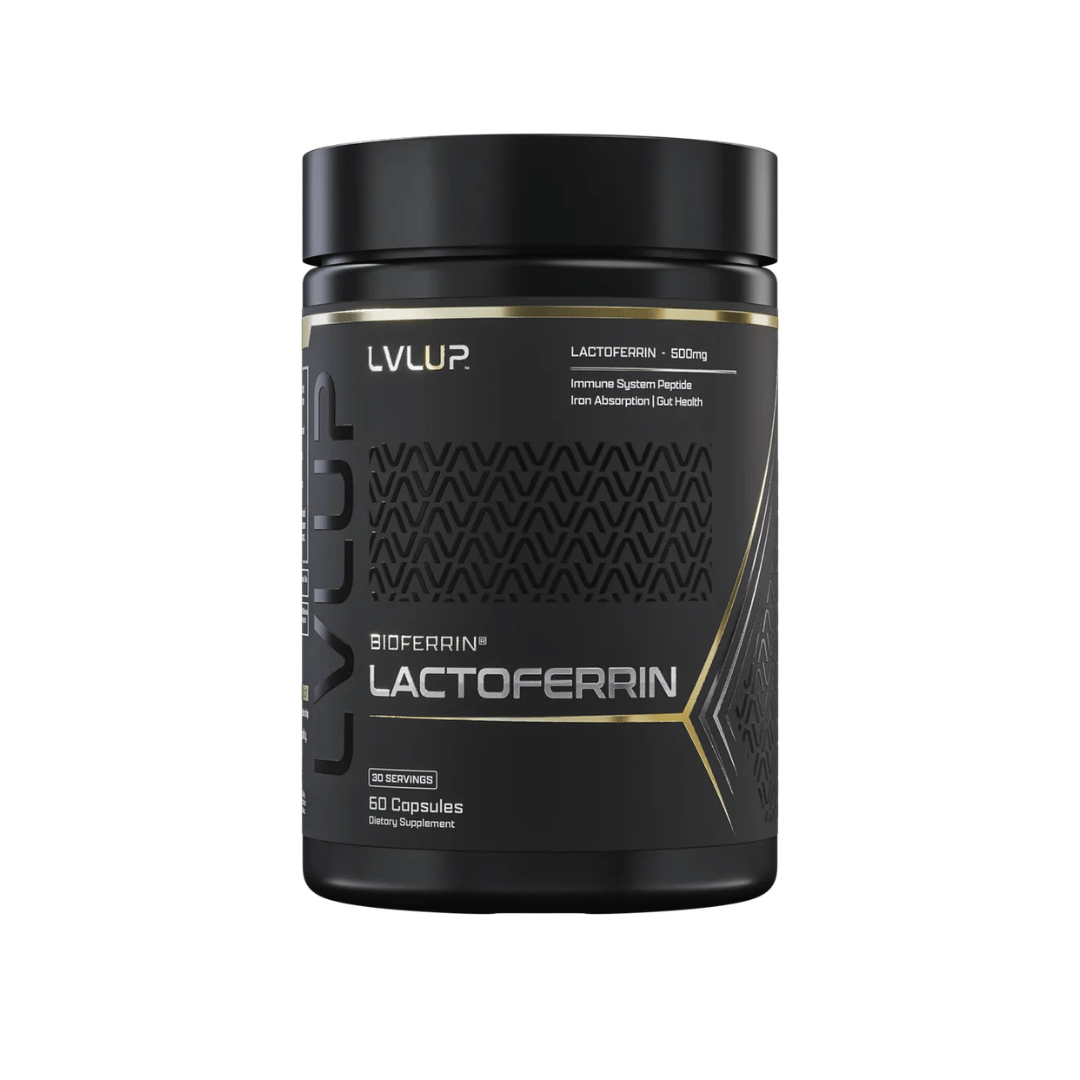 LVL UP Lactoferrin 250mg capsules containing Bioferrin lactoferrin from bovine whey for daily nutritional support of iron metabolism, immune function and gastrointestinal health.