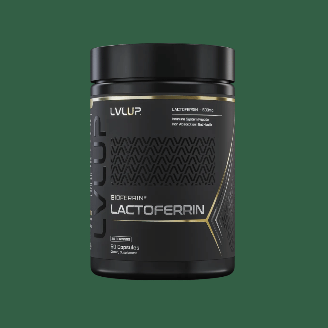 LVL UP Lactoferrin 250mg capsules containing Bioferrin lactoferrin from bovine whey for daily nutritional support of iron metabolism, immune function and gastrointestinal health.