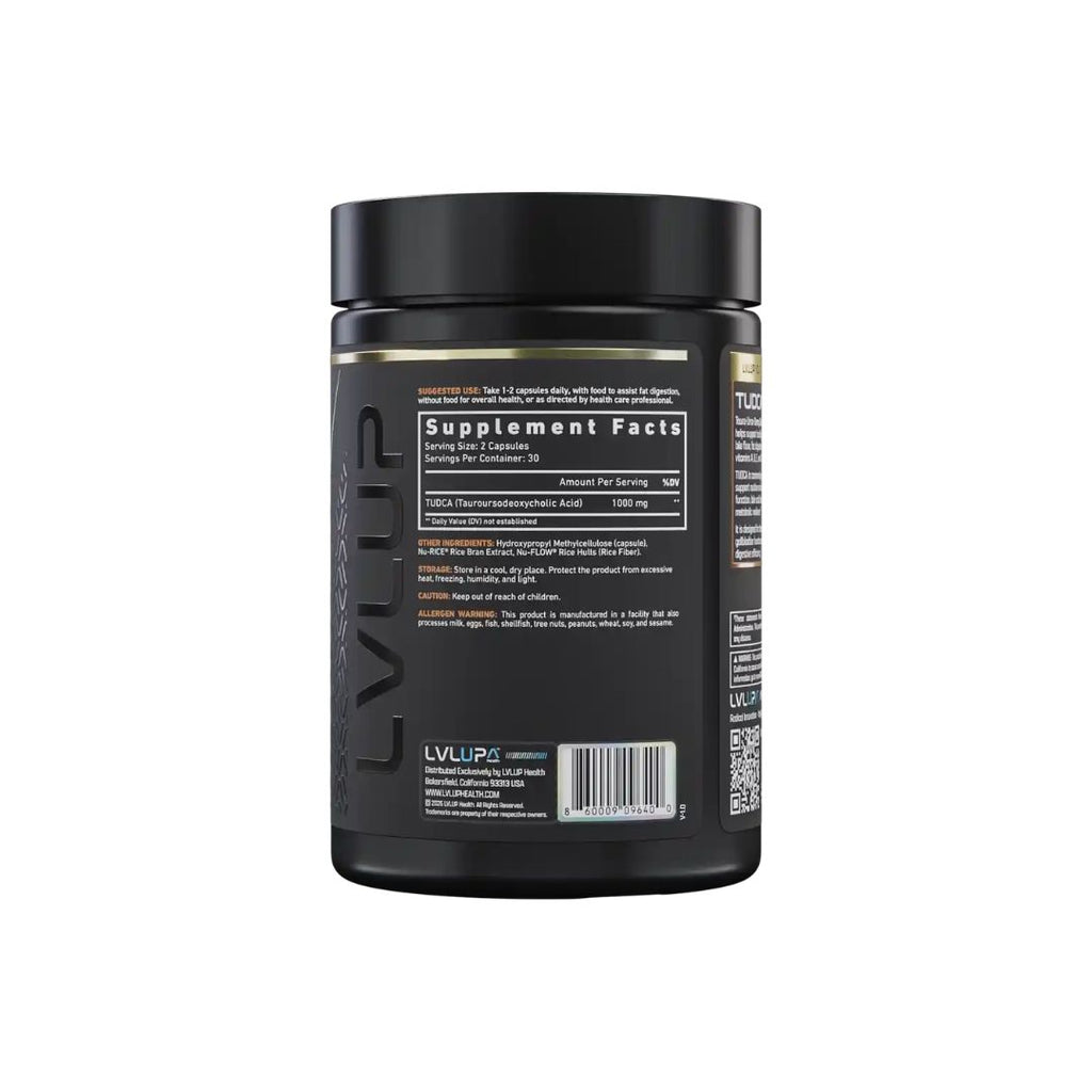 LVLUP Health TUDCA 500mg supplement bottle containing 60 capsules with 500mg TUDCA per capsule.
