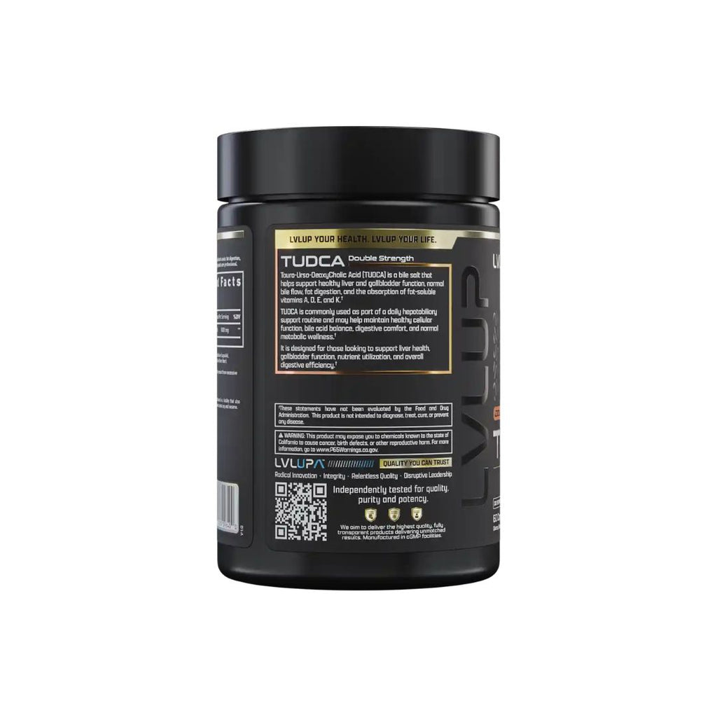LVLUP Health TUDCA 500mg supplement bottle containing 60 capsules with 500mg TUDCA per capsule.
