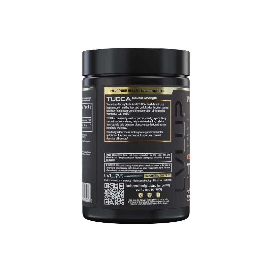 LVLUP Health TUDCA 500mg supplement bottle containing 60 capsules with 500mg TUDCA per capsule.