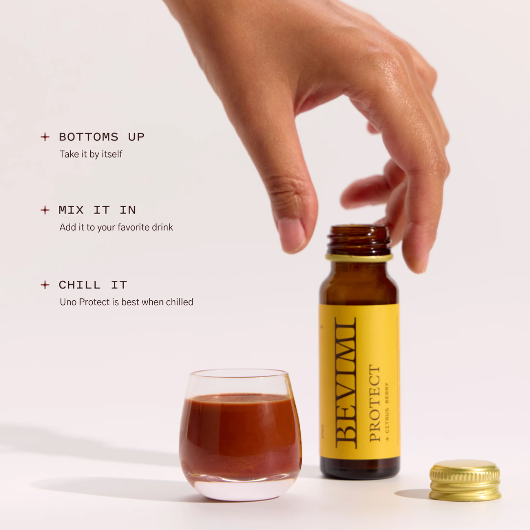 My Bevimi Uno Protect 50mL liquid brain health supplement with DHA, omega-3s, vitamins, minerals and botanical extracts.