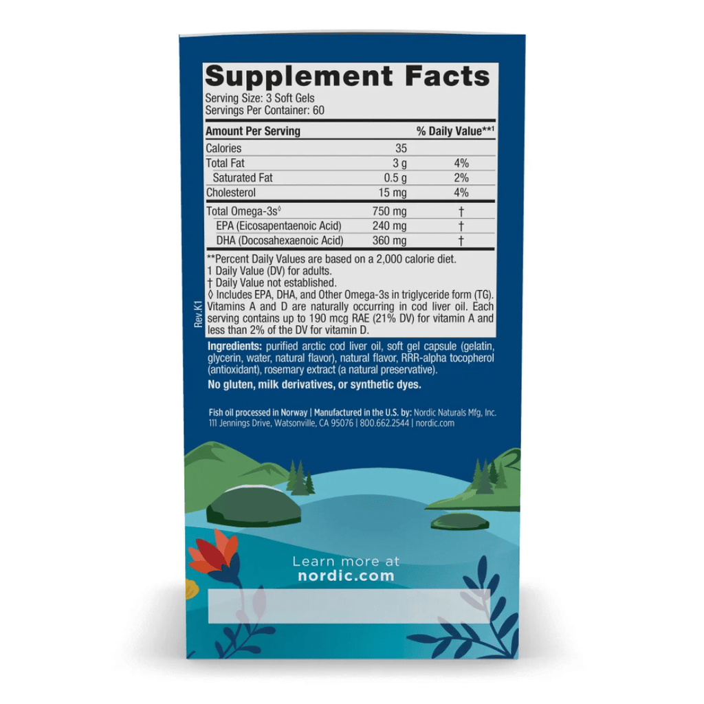 Nordic Naturals Arctic Cod Liver Oil Capsules made from wild Arctic cod with EPA, DHA and naturally occurring vitamins A and D.