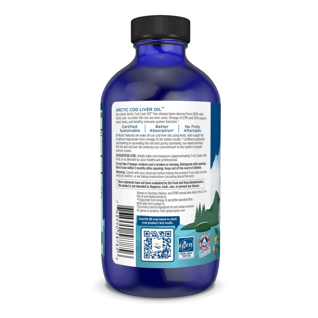 Nordic Naturals Arctic Cod Liver Oil liquid with wild Arctic cod, EPA, DHA and naturally occurring vitamins A and D.
