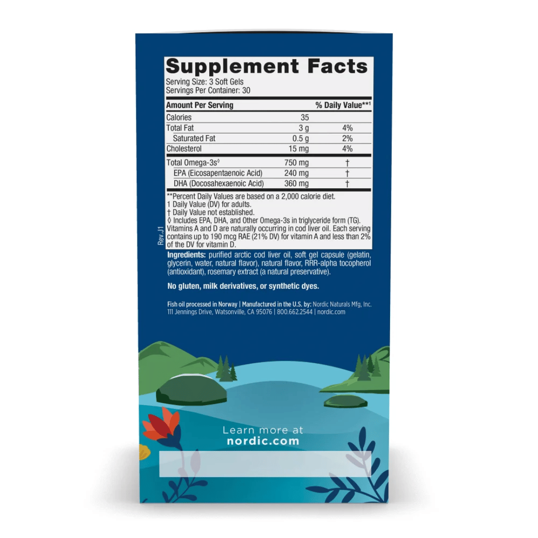 Nordic Naturals Arctic Cod Liver Oil Capsules made from wild Arctic cod with EPA, DHA and naturally occurring vitamins A and D.