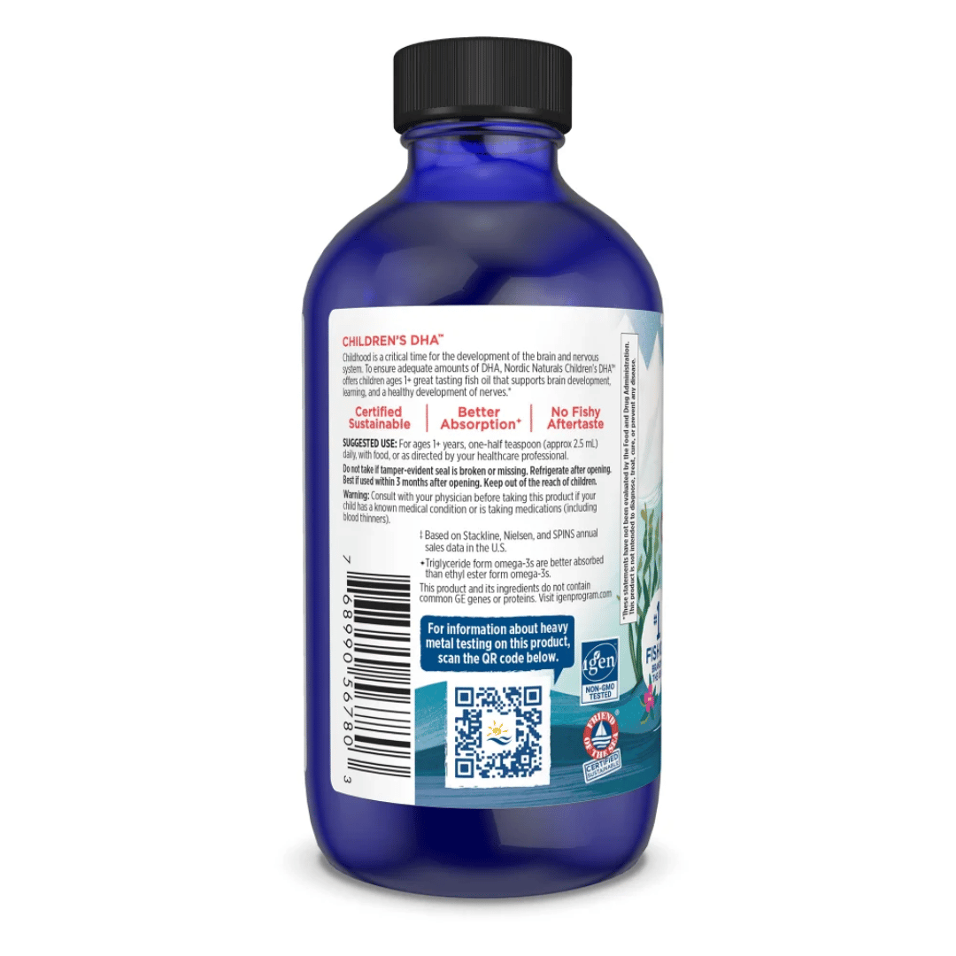 Nordic Naturals Children's DHA Liquid providing EPA and DHA from wild Arctic cod for children aged 1–6.