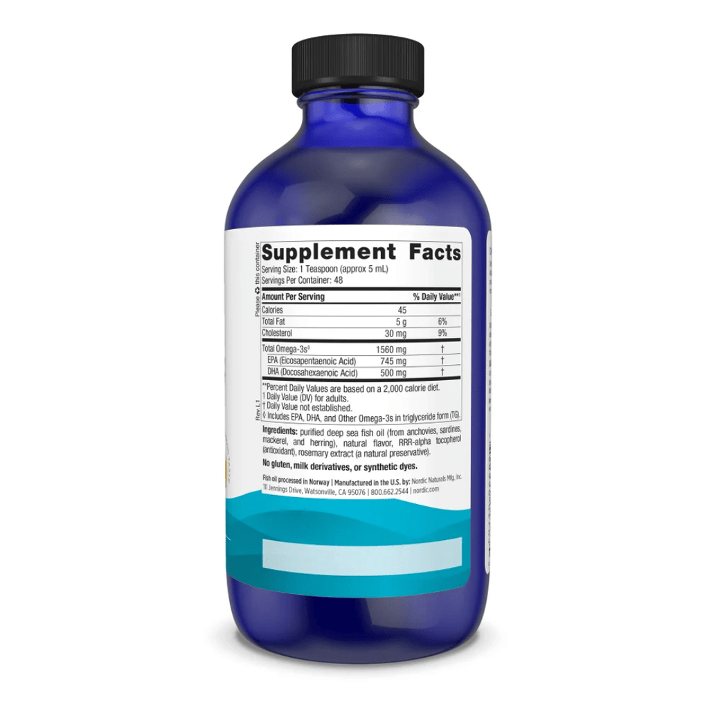 Nordic Naturals Omega-3 Liquid with 1,560 mg omega-3s, EPA and DHA from 100% wild-caught fish with fresh lemon flavour.