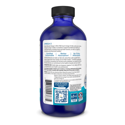 Nordic Naturals Omega-3 Liquid with 1,560 mg omega-3s, EPA and DHA from 100% wild-caught fish with fresh lemon flavour.