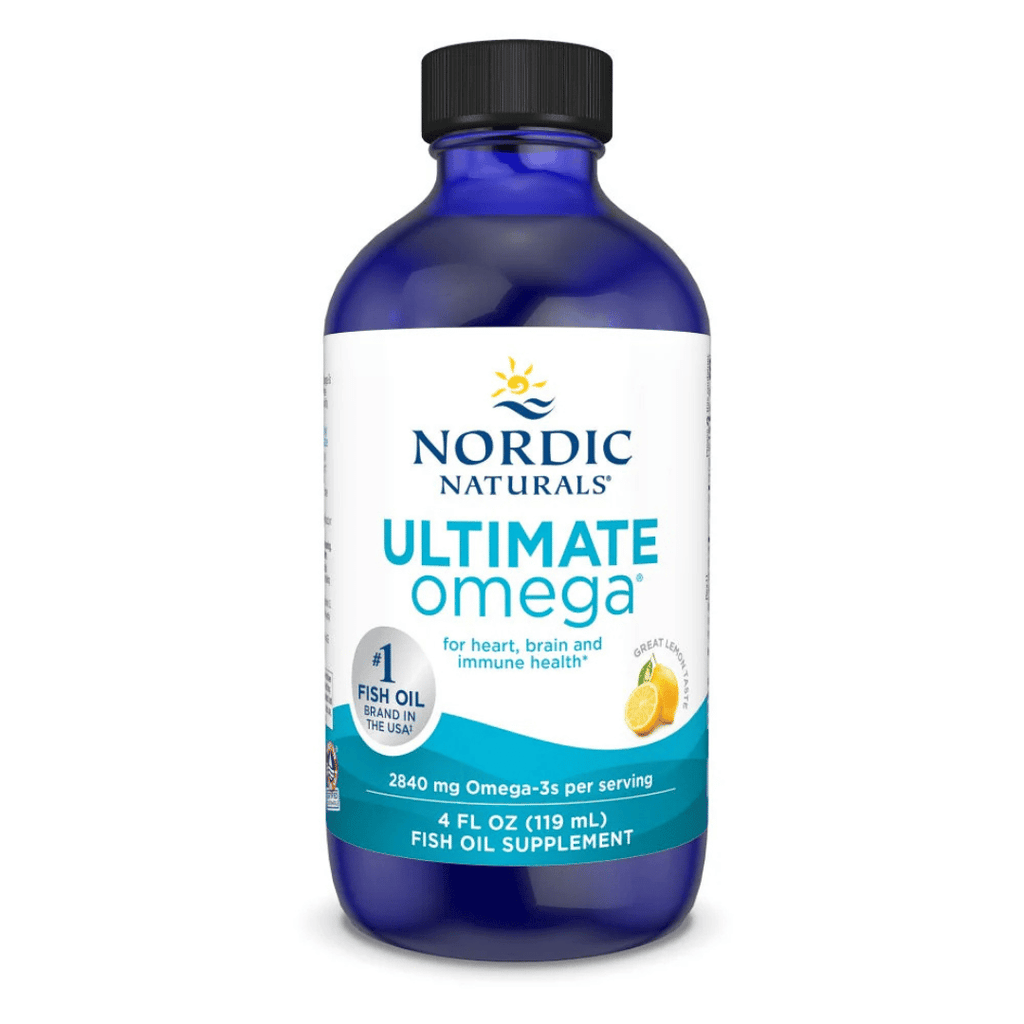 Nordic Naturals Ultimate Omega Liquid with 2,840 mg omega-3s, high EPA and DHA, wild-caught fish oil and fresh lemon flavour.