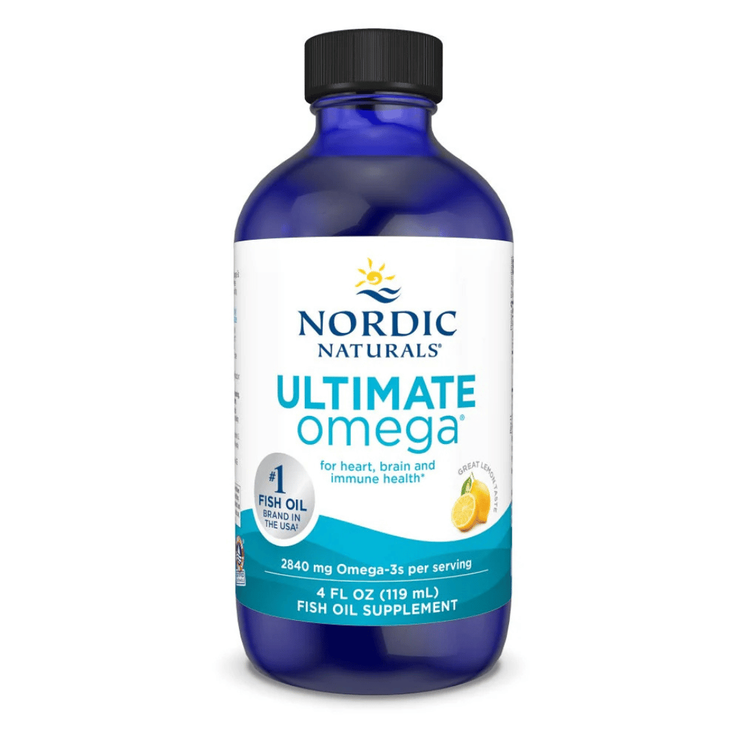 Nordic Naturals Ultimate Omega Liquid with 2,840 mg omega-3s, high EPA and DHA, wild-caught fish oil and fresh lemon flavour.