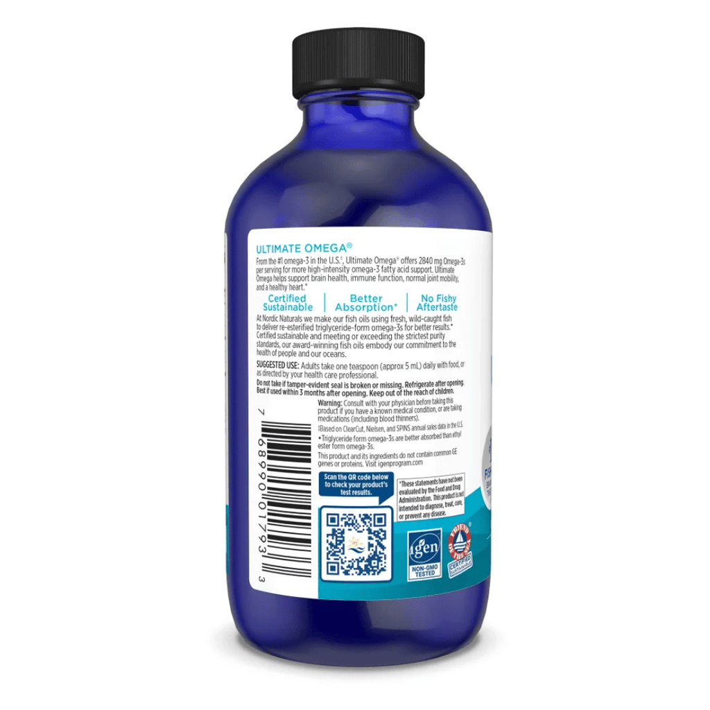 Nordic Naturals Ultimate Omega Liquid with 2,840 mg omega-3s, high EPA and DHA, wild-caught fish oil and fresh lemon flavour.