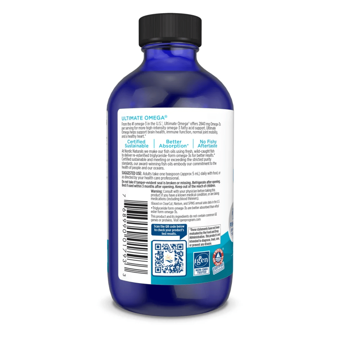 Nordic Naturals Ultimate Omega Liquid with 2,840 mg omega-3s, high EPA and DHA, wild-caught fish oil and fresh lemon flavour.