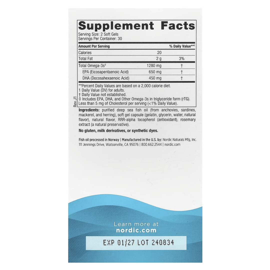 Nordic Naturals Ultimate Omega capsules with concentrated EPA and DHA omega-3 fish oil and fresh lemon flavour.