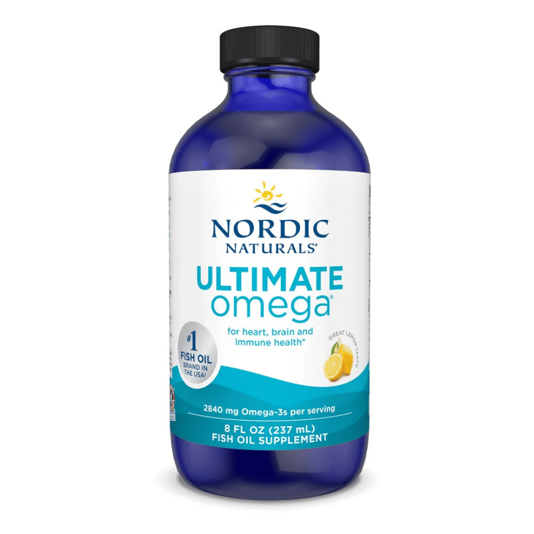 Nordic Naturals Ultimate Omega Liquid with 2,840 mg omega-3s, high EPA and DHA, wild-caught fish oil and fresh lemon flavour.