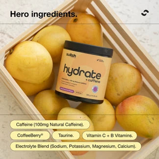 Switch Nutrition Hydrate + Caffeine electrolyte powder with 100 mg natural caffeine for hydration and daily performance.