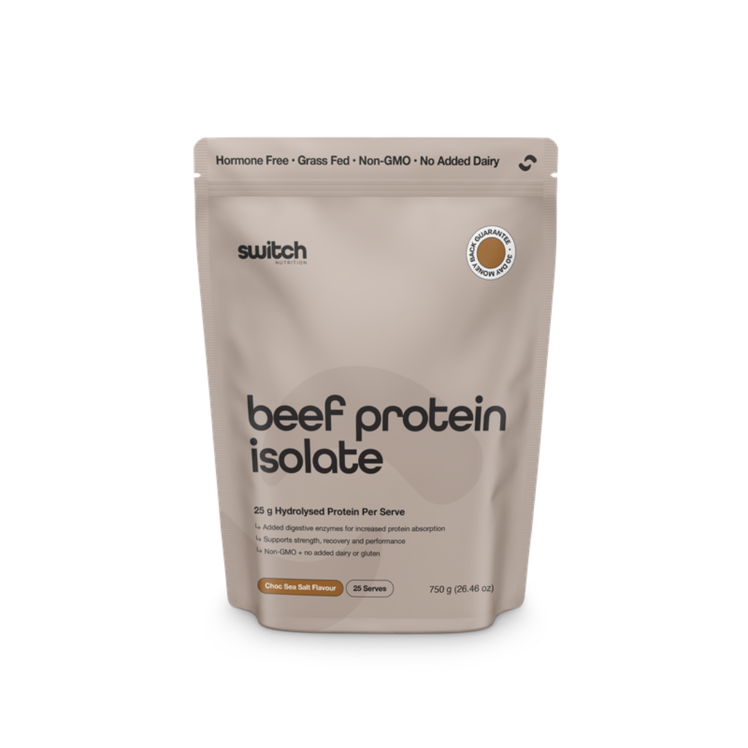 Switch Nutrition Beef Protein Isolate grass-fed HydroBEEF protein powder with 25.2 g protein per serve.