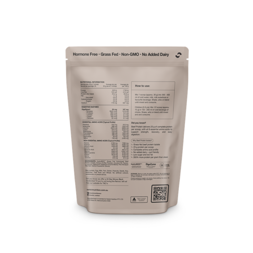 Switch Nutrition Beef Protein Isolate grass-fed HydroBEEF protein powder with 25.2 g protein per serve.