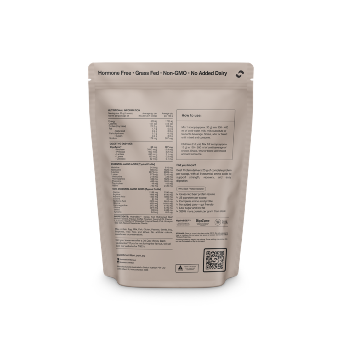Switch Nutrition Beef Protein Isolate grass-fed HydroBEEF protein powder with 25.2 g protein per serve.