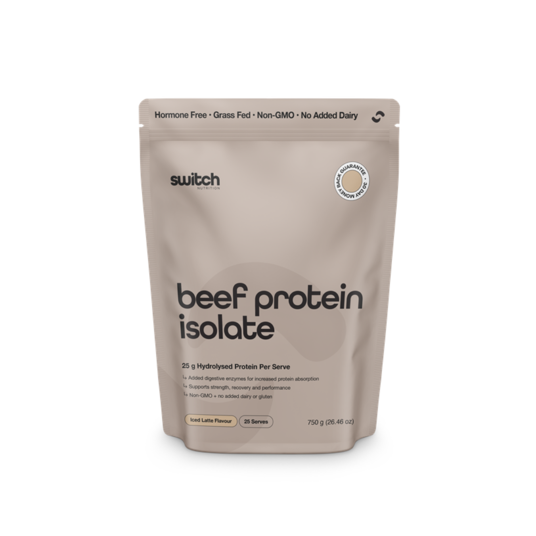 Switch Nutrition Beef Protein Isolate grass-fed HydroBEEF protein powder with 25.2 g protein per serve.