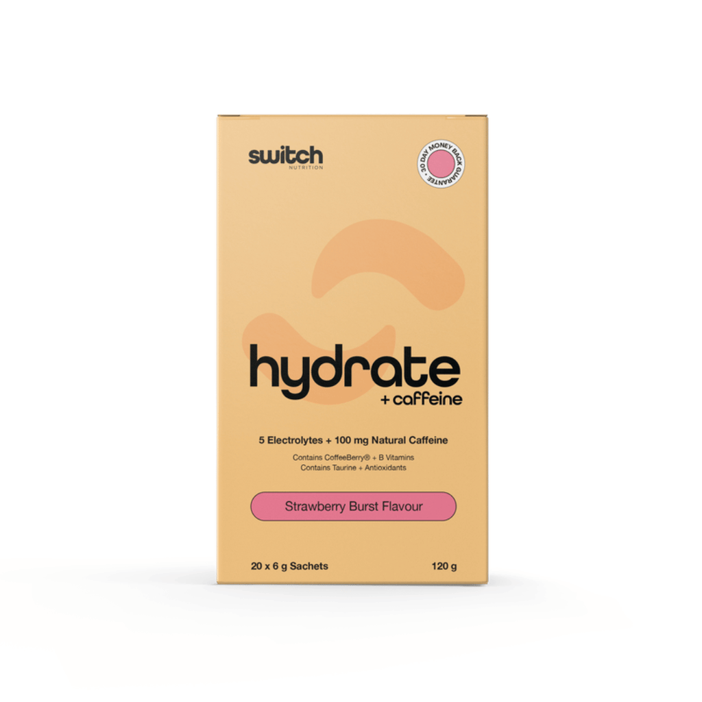 Switch Nutrition Hydrate + Caffeine electrolyte powder with 100 mg natural caffeine for hydration and daily performance.