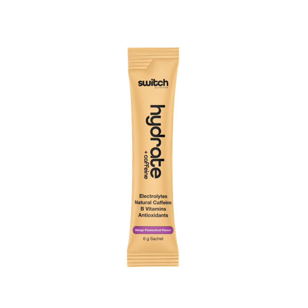 Switch Nutrition Hydrate + Caffeine electrolyte powder with 100 mg natural caffeine for hydration and daily performance.
