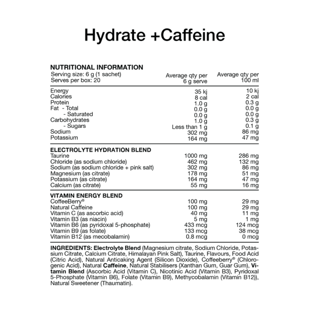 Switch Nutrition Hydrate + Caffeine electrolyte powder with 100 mg natural caffeine for hydration and daily performance.