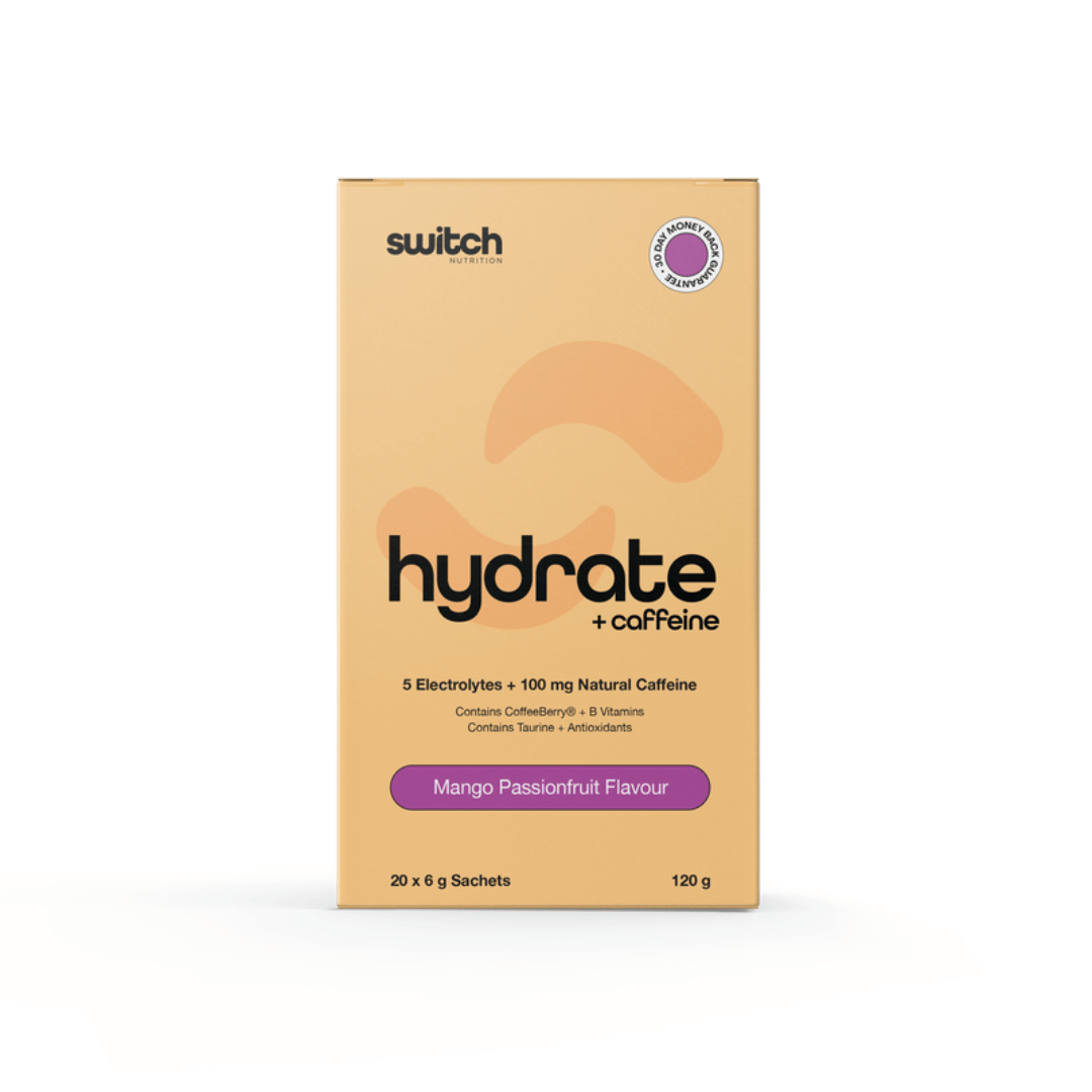 Switch Nutrition Hydrate + Caffeine electrolyte powder with 100 mg natural caffeine for hydration and daily performance.