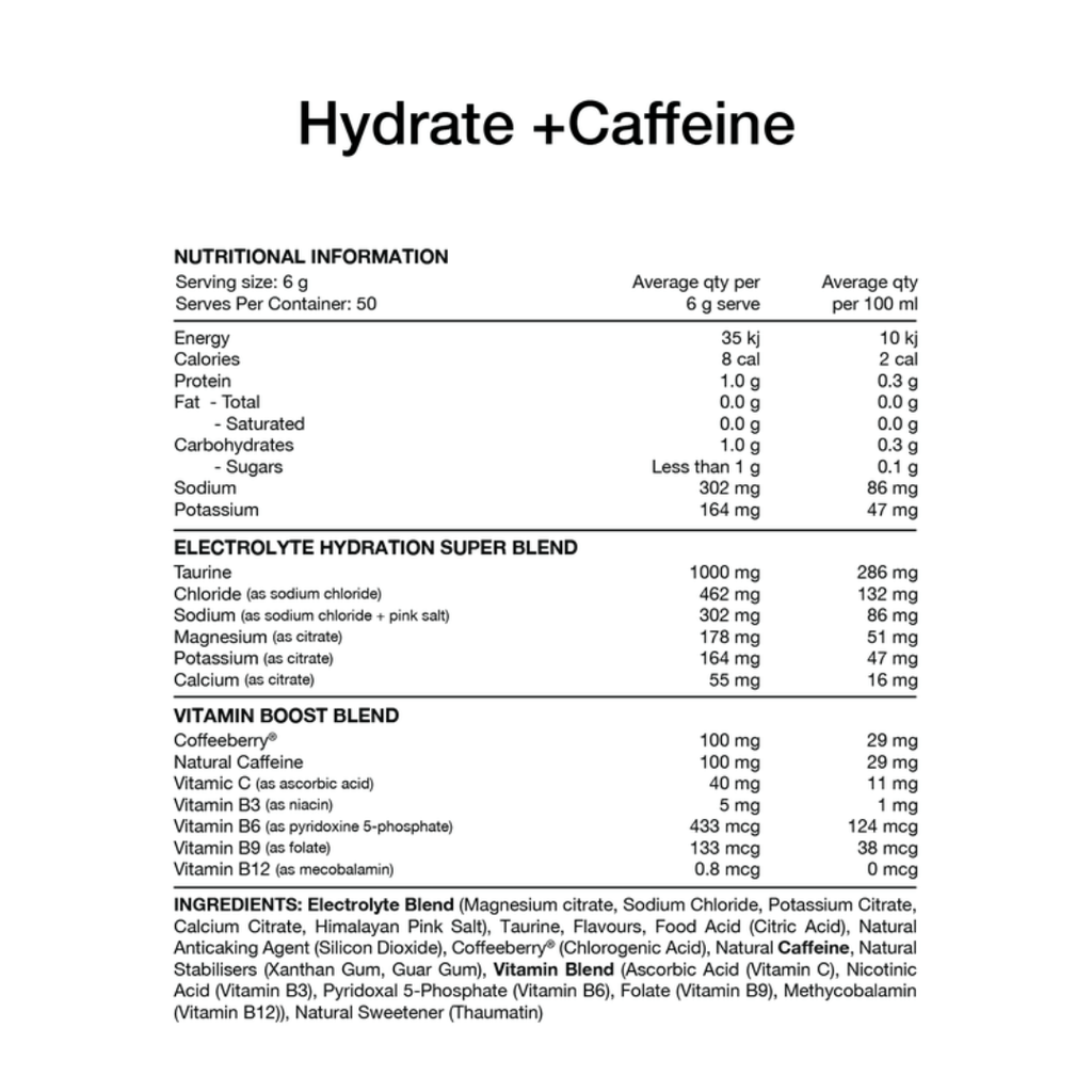 Switch Nutrition Hydrate + Caffeine electrolyte powder with 100 mg natural caffeine for hydration and daily performance.