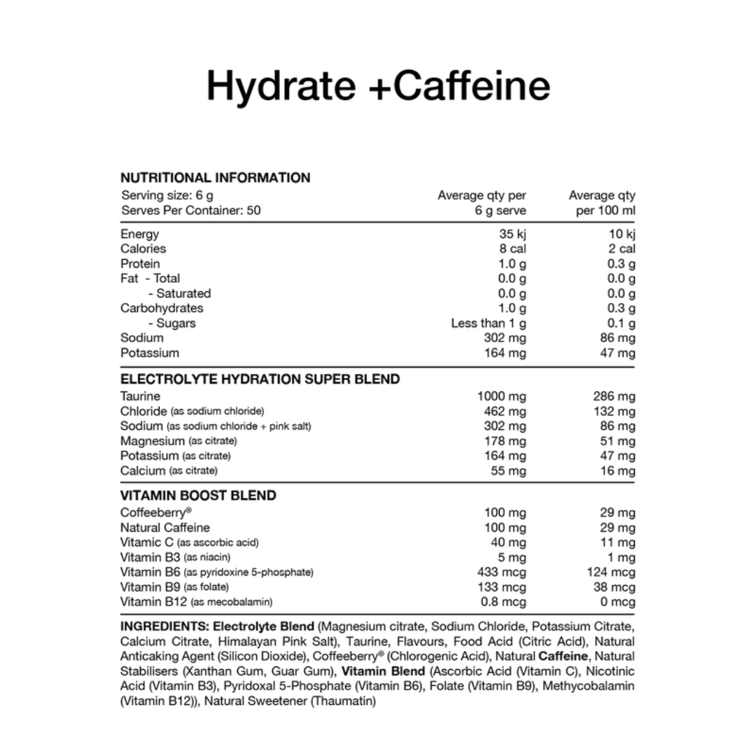Switch Nutrition Hydrate + Caffeine electrolyte powder with 100 mg natural caffeine for hydration and daily performance.