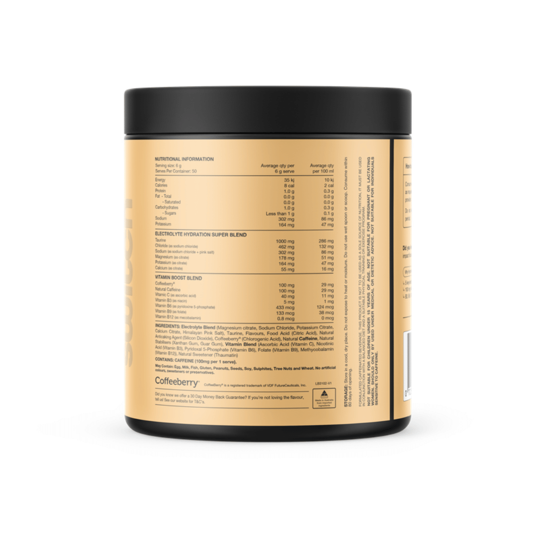 Switch Nutrition Hydrate + Caffeine electrolyte powder with 100 mg natural caffeine for hydration and daily performance.