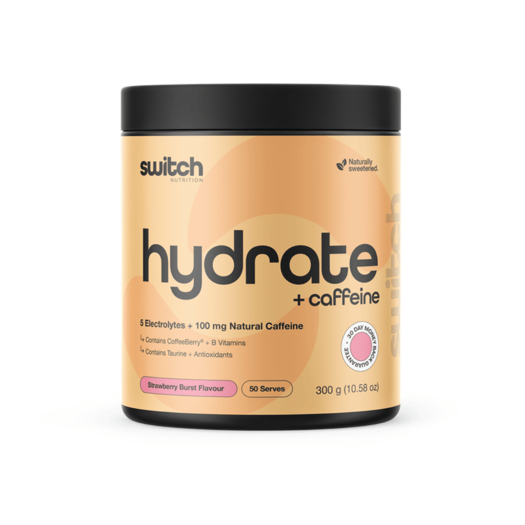 Switch Nutrition Hydrate + Caffeine electrolyte powder with 100 mg natural caffeine for hydration and daily performance.