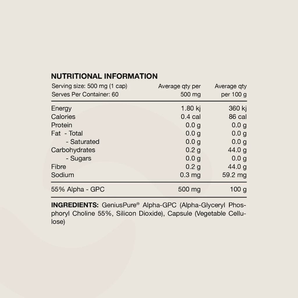 Switch Nutrition Alpha-GPC Capsules with GeniusPure® providing 500 mg Alpha-GPC per capsule.