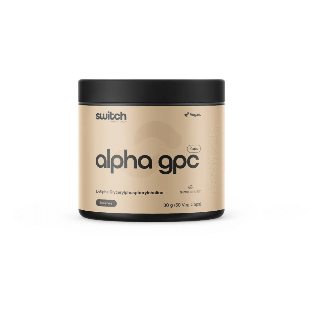 Switch Nutrition Alpha-GPC Capsules with GeniusPure® providing 500 mg Alpha-GPC per capsule.