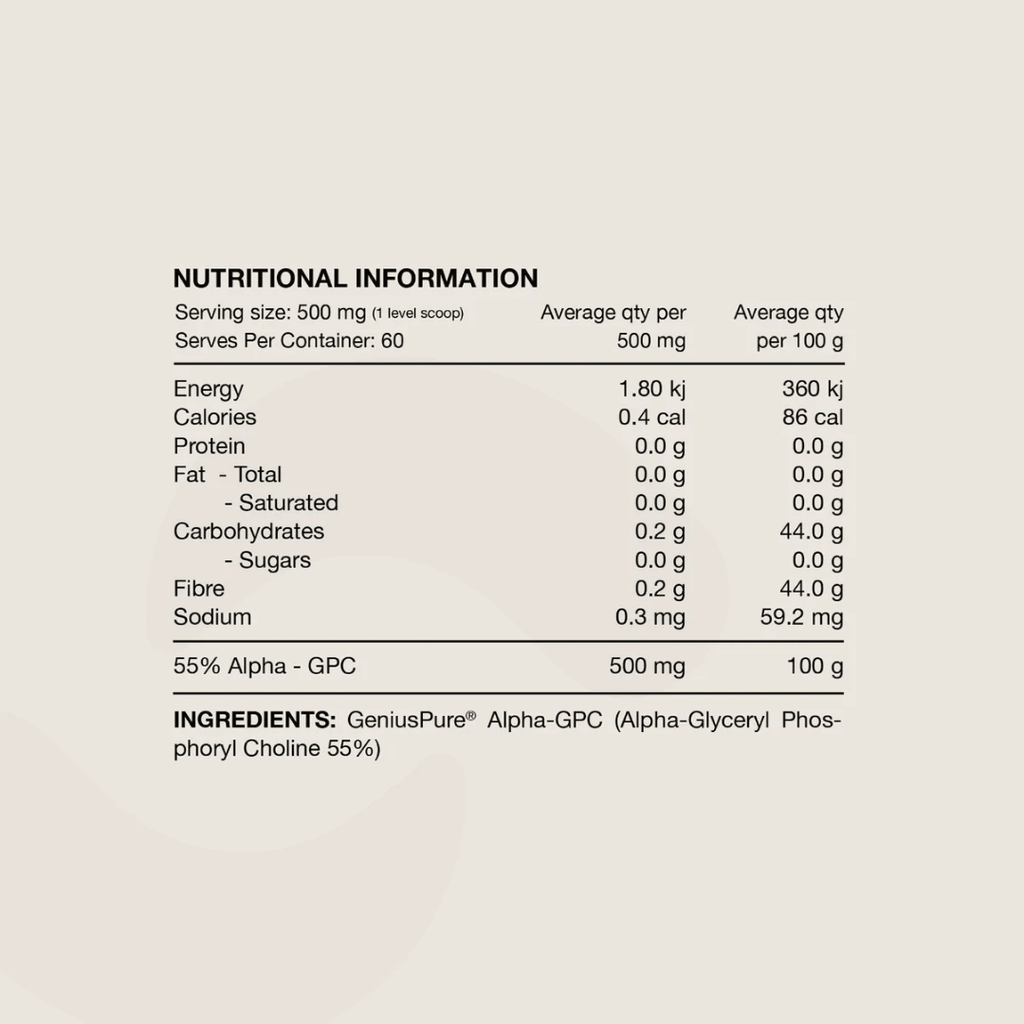 Switch Nutrition Alpha-GPC Powder with GeniusPure® providing 500 mg Alpha-GPC per serve.