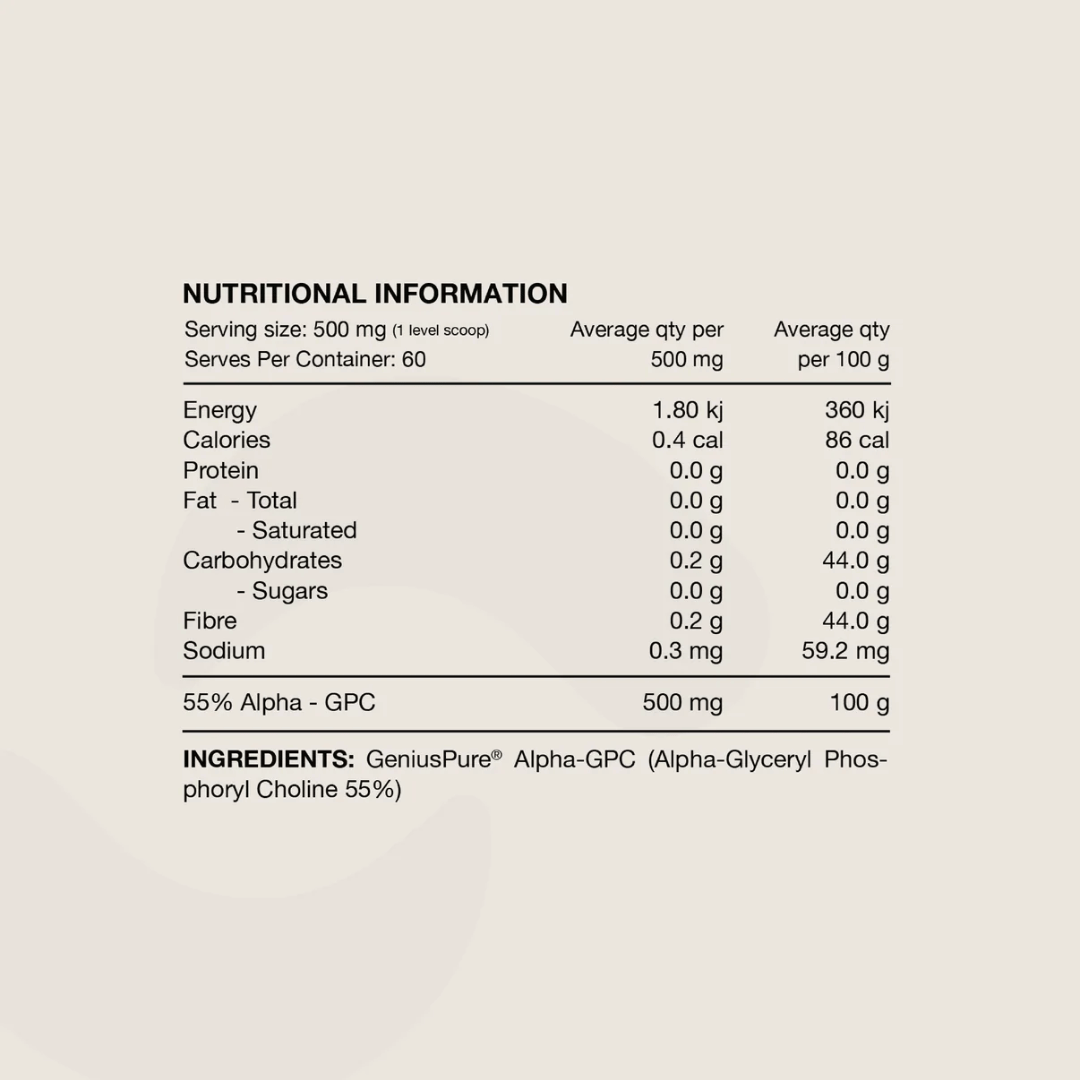 Switch Nutrition Alpha-GPC Powder with GeniusPure® providing 500 mg Alpha-GPC per serve.