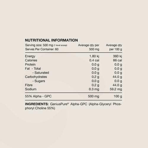Switch Nutrition Alpha-GPC Powder with GeniusPure® providing 500 mg Alpha-GPC per serve.