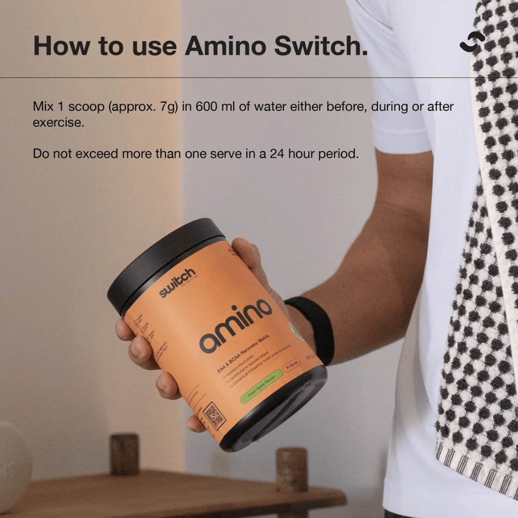 Switch Nutrition Amino Switch vegan EAA powder with electrolytes, vitamins and Schisandra extract for sports nutrition.