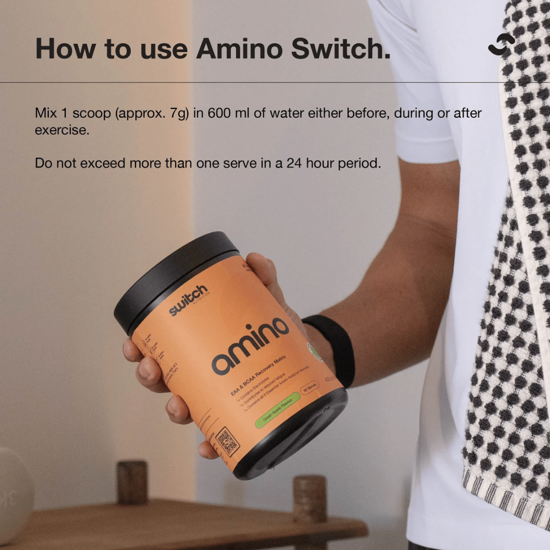 Switch Nutrition Amino Switch vegan EAA powder with electrolytes, vitamins and Schisandra extract for sports nutrition.