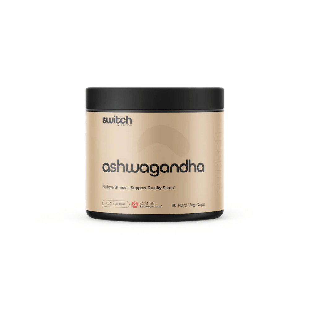 Switch Nutrition Ashwagandha KSM-66® capsules with premium Ashwagandha root extract.
