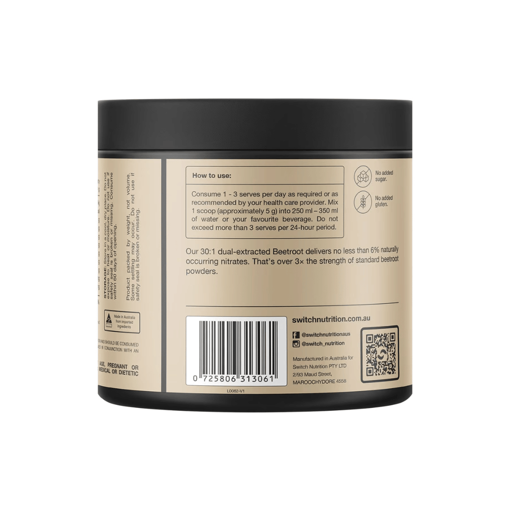 Switch Nutrition Beetroot Powder Triple Strength with 300 mg nitrate per serve.